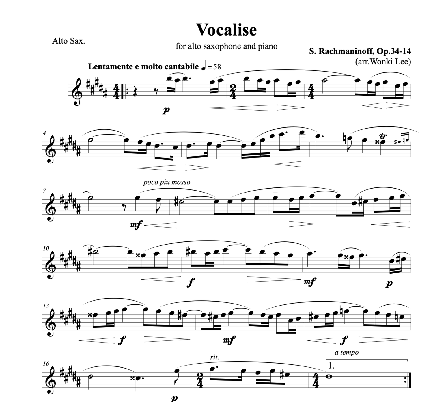 Rachmaninoff's Vocalise Sheet Music, Score & Part (PDF) — Wonki Lee